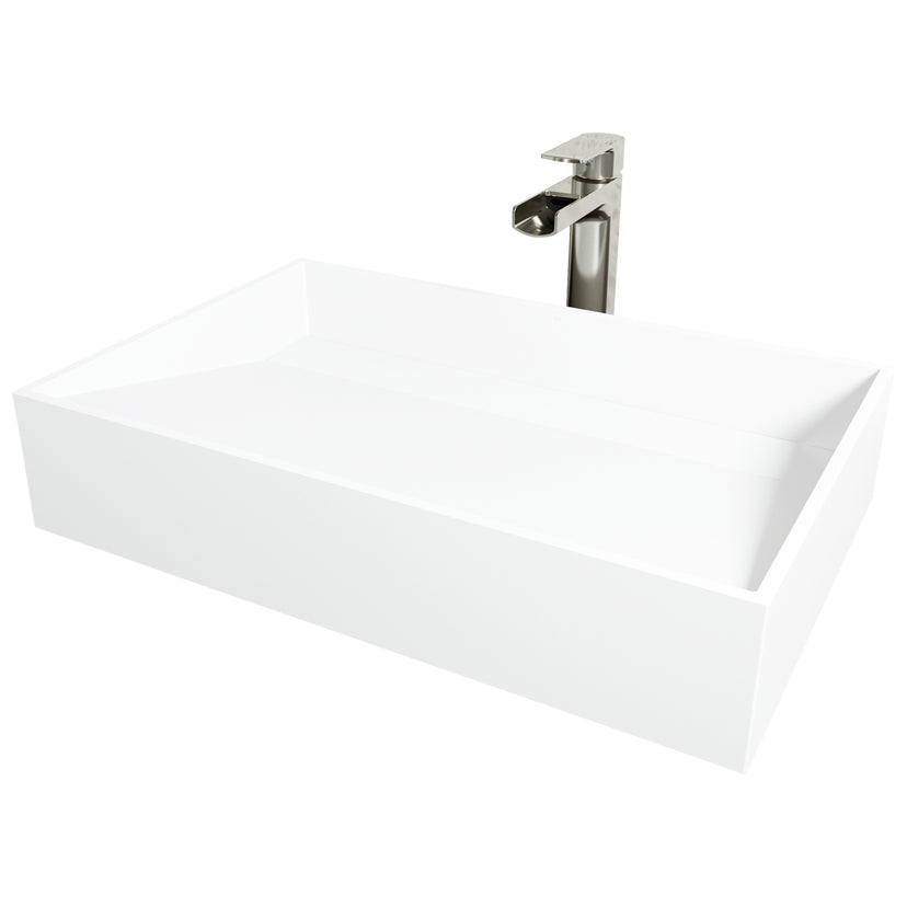 Matte Stone Starr Composite Rectangular Vessel Bathroom Sink in White with Amada Faucet and Drain in Brushed Nickel