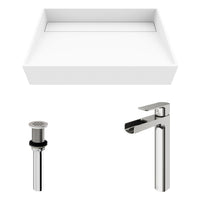 Matte Stone Starr Composite Rectangular Vessel Bathroom Sink in White with Amada Faucet and Drain in Brushed Nickel