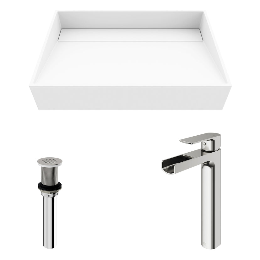 Matte Stone Starr Composite Rectangular Vessel Bathroom Sink in White with Amada Faucet and Drain in Brushed Nickel