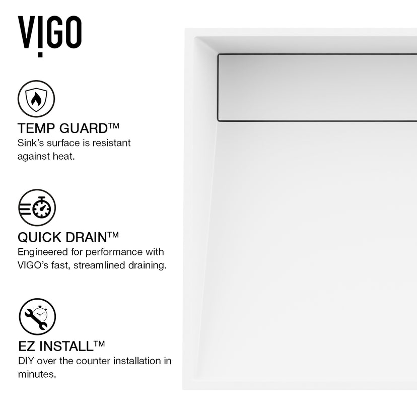 Matte Stone Starr Composite Rectangular Vessel Bathroom Sink in White with Amada Faucet and Drain in Brushed Nickel