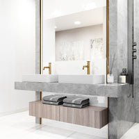 Matte Stone Magnolia Composite Rectangular Vessel Bathroom Sink in White with Cass Faucet and Pop-Up Drain in Matte Gold