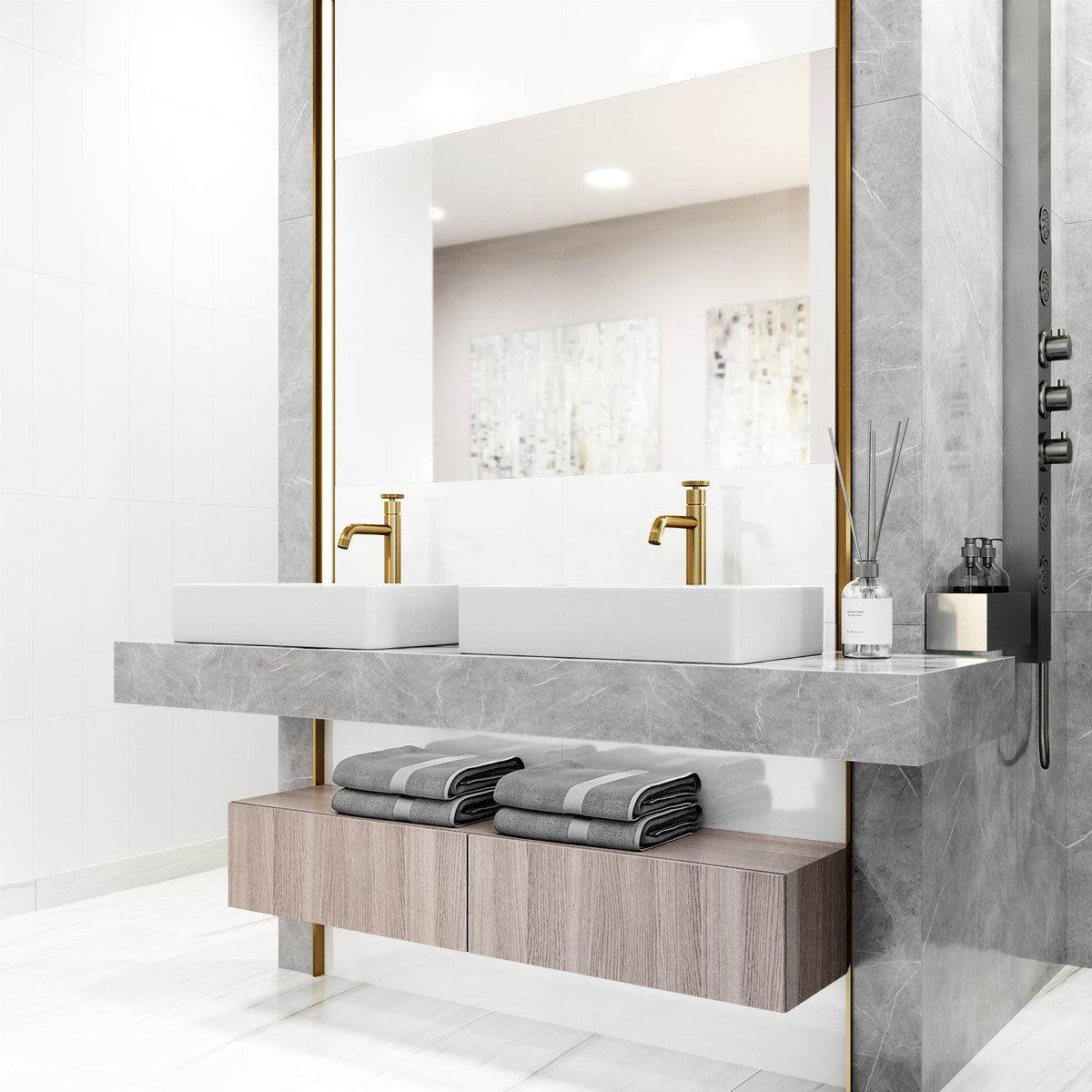 Matte Stone Magnolia Composite Rectangular Vessel Bathroom Sink in White with Cass Faucet and Pop-Up Drain in Matte Gold