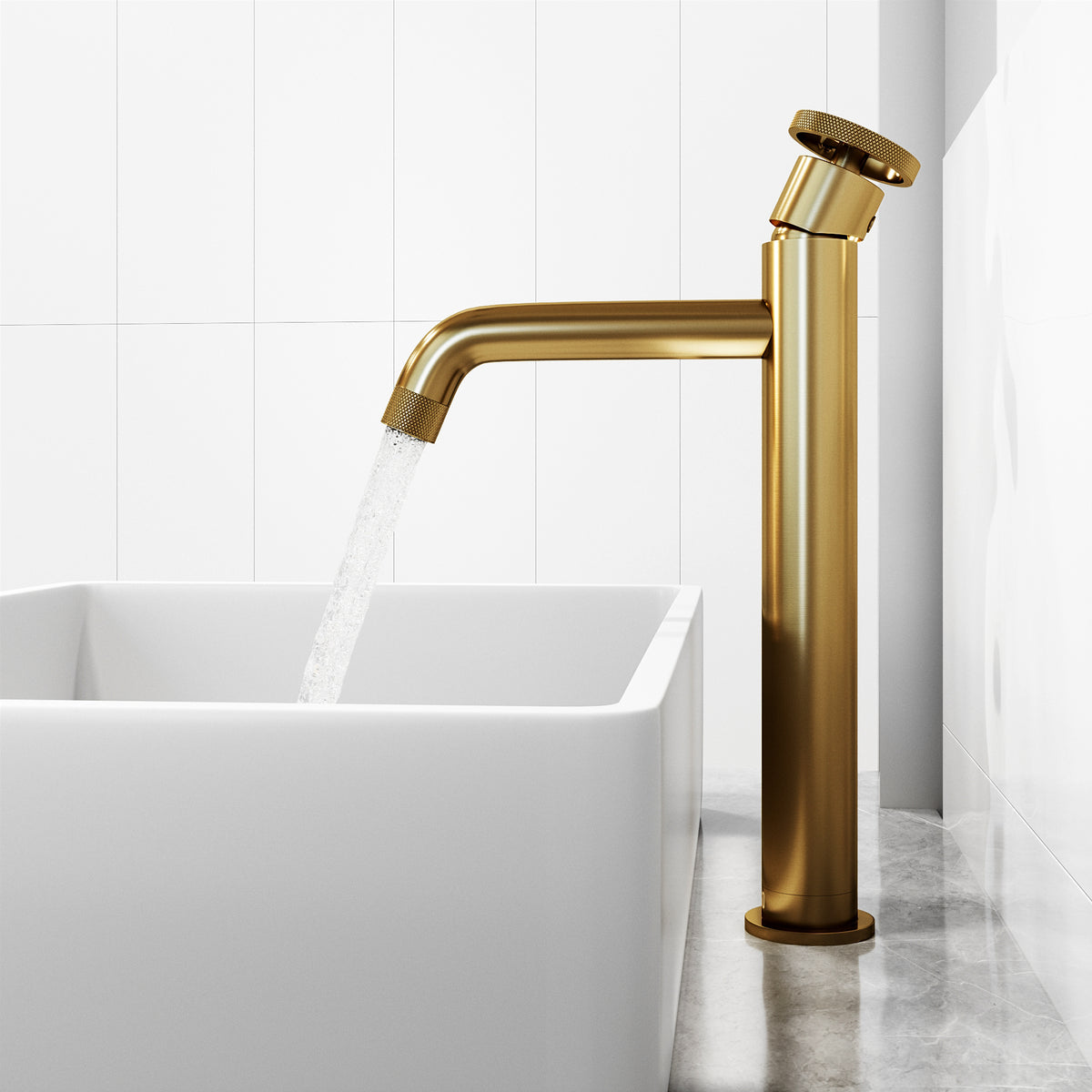 Matte Stone Magnolia Composite Rectangular Vessel Bathroom Sink in White with Cass Faucet and Pop-Up Drain in Matte Gold