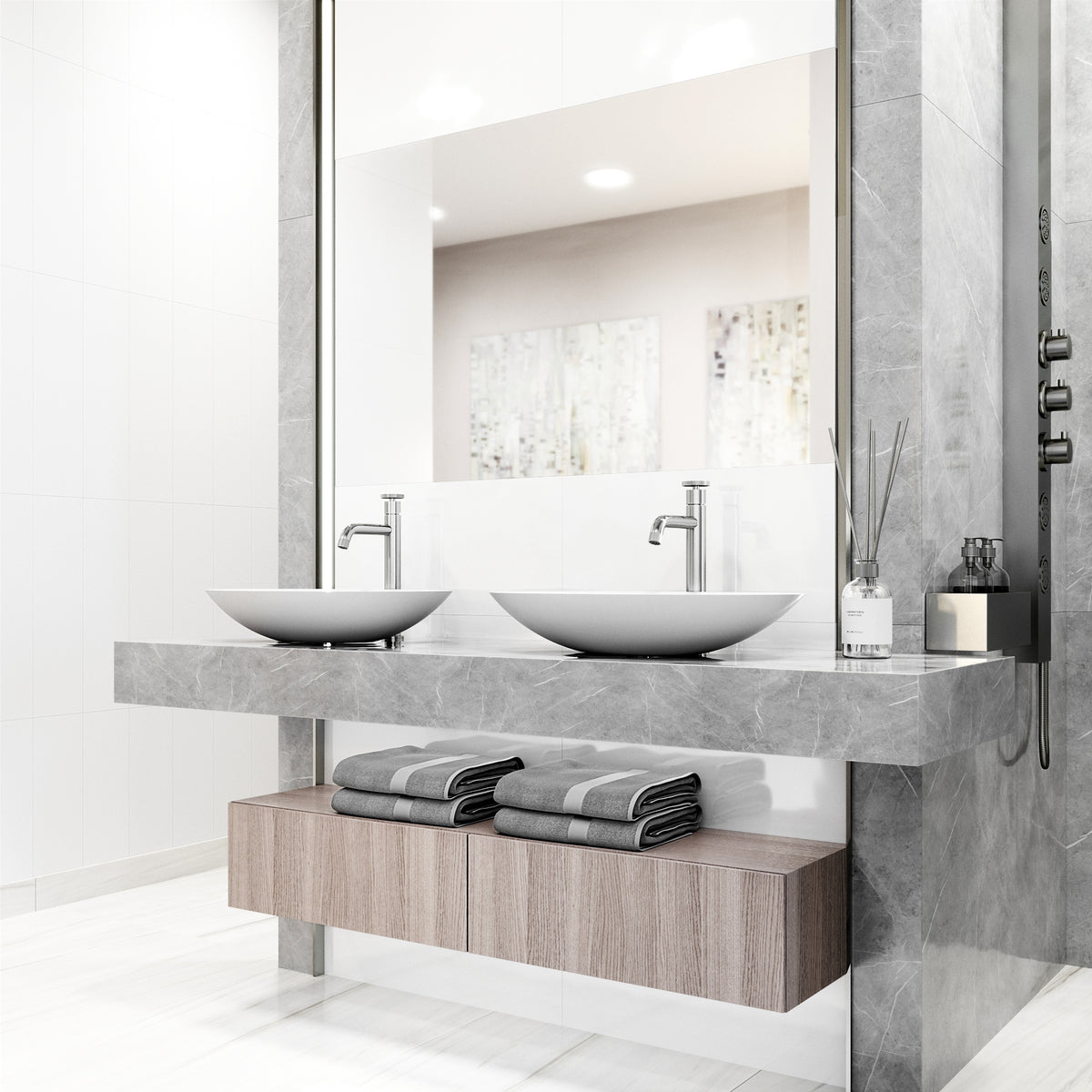Matte Stone Wisteria Composite Oval Vessel Bathroom Sink in White with Cass Faucet and Pop-Up Drain in Chrome