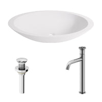 Matte Stone Wisteria Composite Oval Vessel Bathroom Sink in White with Cass Faucet and Pop-Up Drain in Chrome
