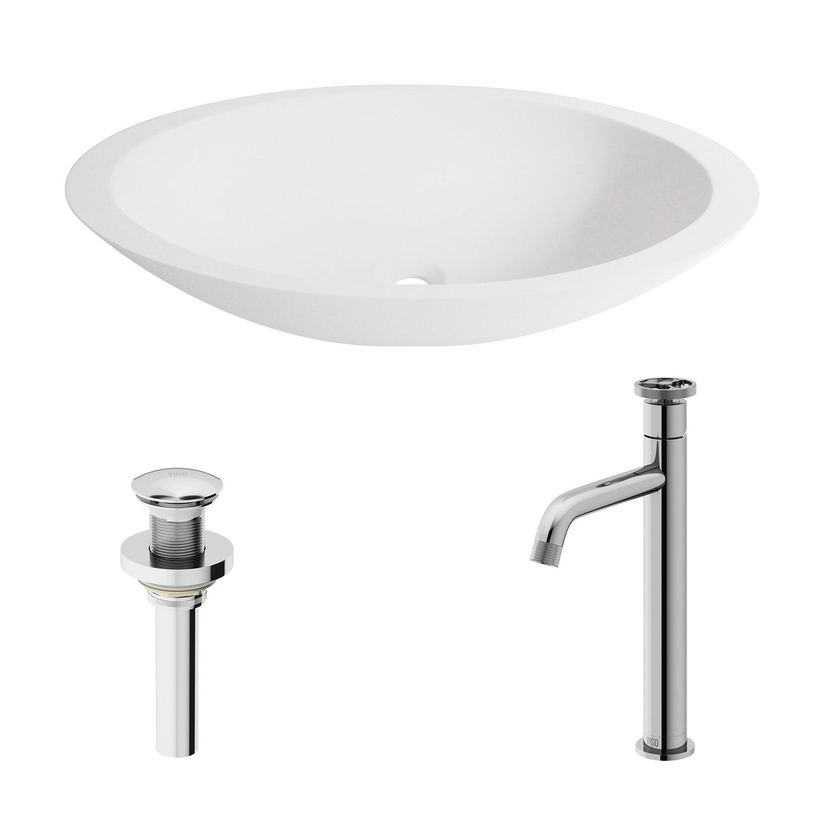 Matte Stone Wisteria Composite Oval Vessel Bathroom Sink in White with Cass Faucet and Pop-Up Drain in Chrome