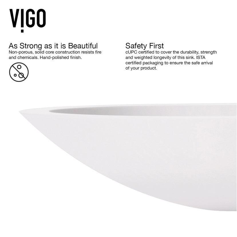 Matte Stone Wisteria Composite Oval Vessel Bathroom Sink in White with Cass Faucet and Pop-Up Drain in Chrome