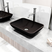 Matte Shell Sottile Glass Rectangular Vessel Bathroom Sink in Black with Cass Faucet and Pop-Up Drain in Brushed Nickel