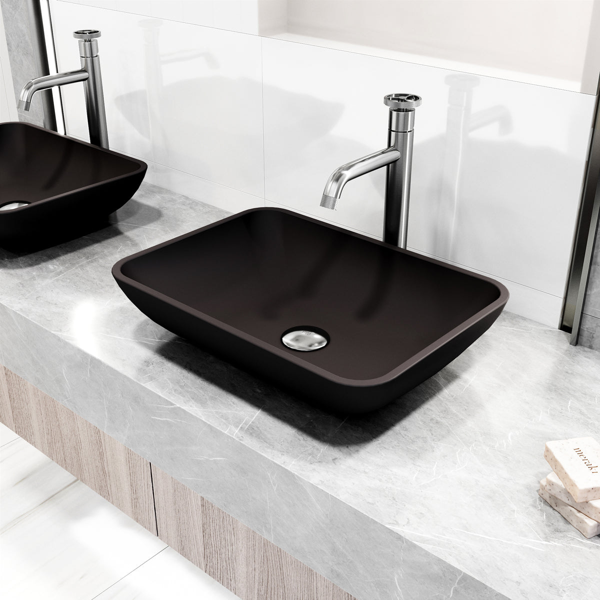 Matte Shell Sottile Glass Rectangular Vessel Bathroom Sink in Black with Cass Faucet and Pop-Up Drain in Brushed Nickel