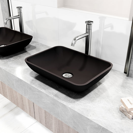 Matte Shell Sottile Glass Rectangular Vessel Bathroom Sink in Black with Cass Faucet and Pop-Up Drain in Brushed Nickel