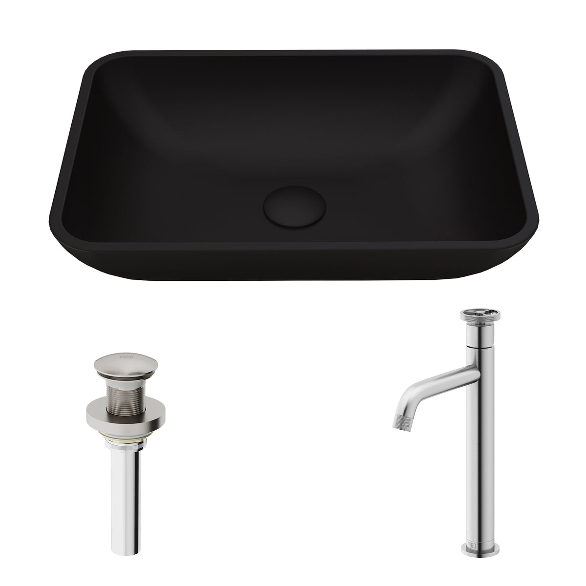 Matte Shell Sottile Glass Rectangular Vessel Bathroom Sink in Black with Cass Faucet and Pop-Up Drain in Brushed Nickel
