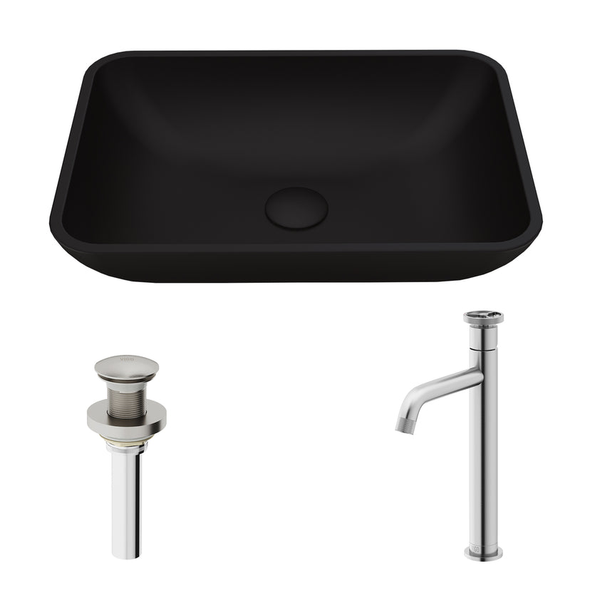 Matte Shell Sottile Glass Rectangular Vessel Bathroom Sink in Black with Cass Faucet and Pop-Up Drain in Brushed Nickel