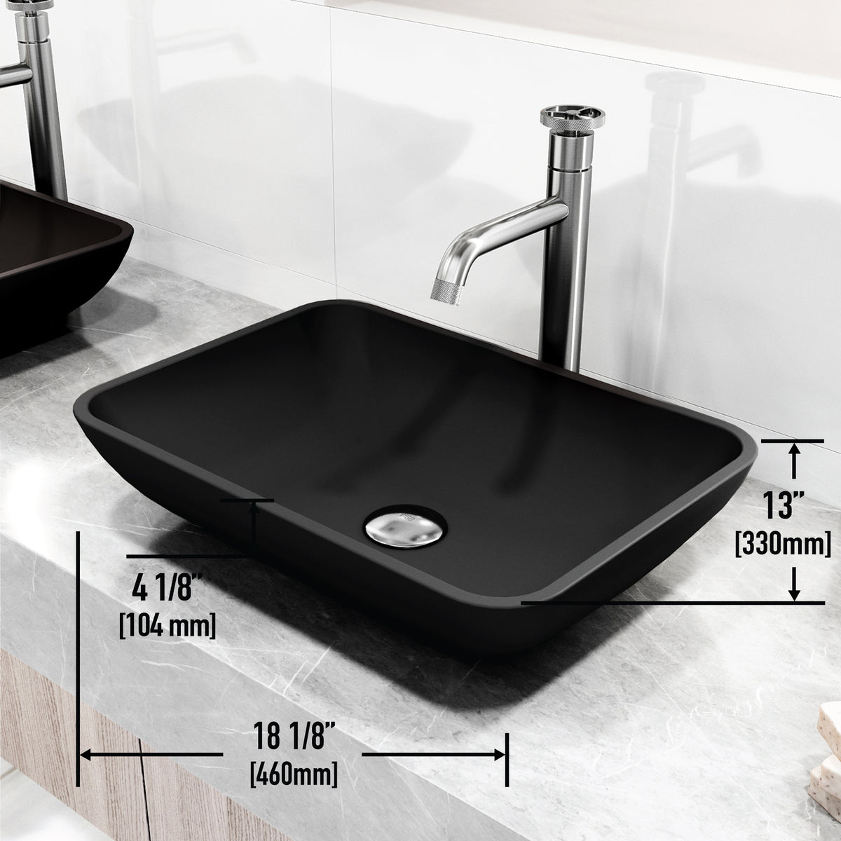 Matte Shell Sottile Glass Rectangular Vessel Bathroom Sink in Black with Cass Faucet and Pop-Up Drain in Brushed Nickel
