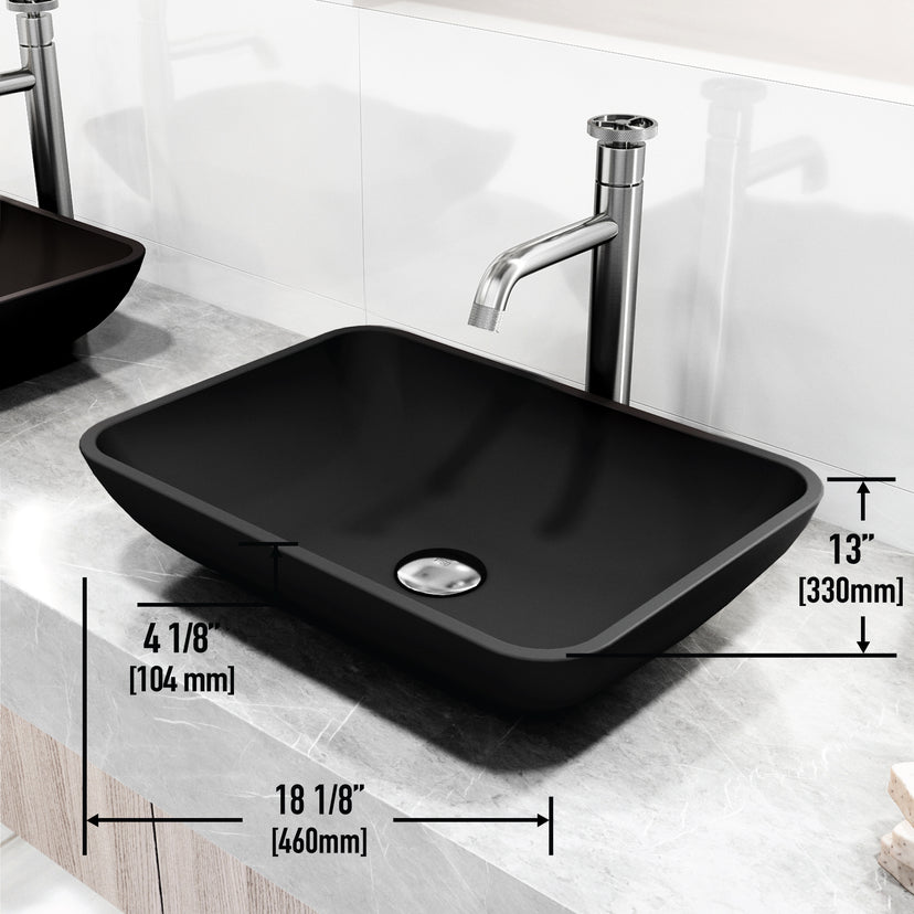 Matte Shell Sottile Glass Rectangular Vessel Bathroom Sink in Black with Cass Faucet and Pop-Up Drain in Brushed Nickel