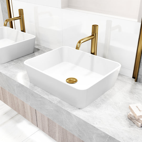 Matte Stone Marigold Composite Rectangular Vessel Bathroom Sink in White with Faucet and Pop-Up Drain in Matte Gold