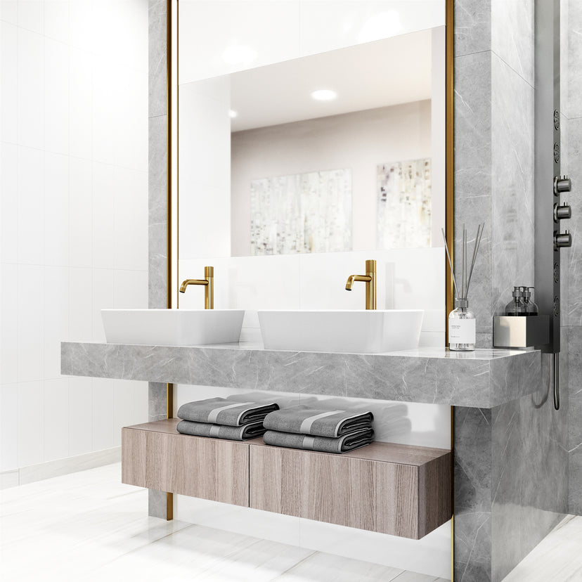 Matte Stone Marigold Composite Rectangular Vessel Bathroom Sink in White with Faucet and Pop-Up Drain in Matte Gold