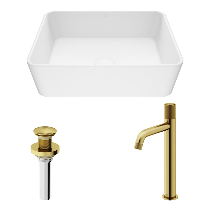 Matte Stone Marigold Composite Rectangular Vessel Bathroom Sink in White with Faucet and Pop-Up Drain in Matte Gold