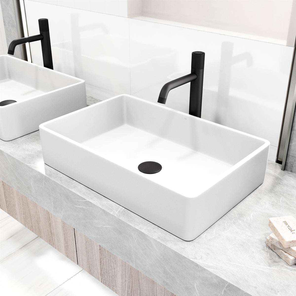 Matte Stone Magnolia Composite Rectangular Vessel Bathroom Sink in White with Faucet and Pop-Up Drain in Matte Black