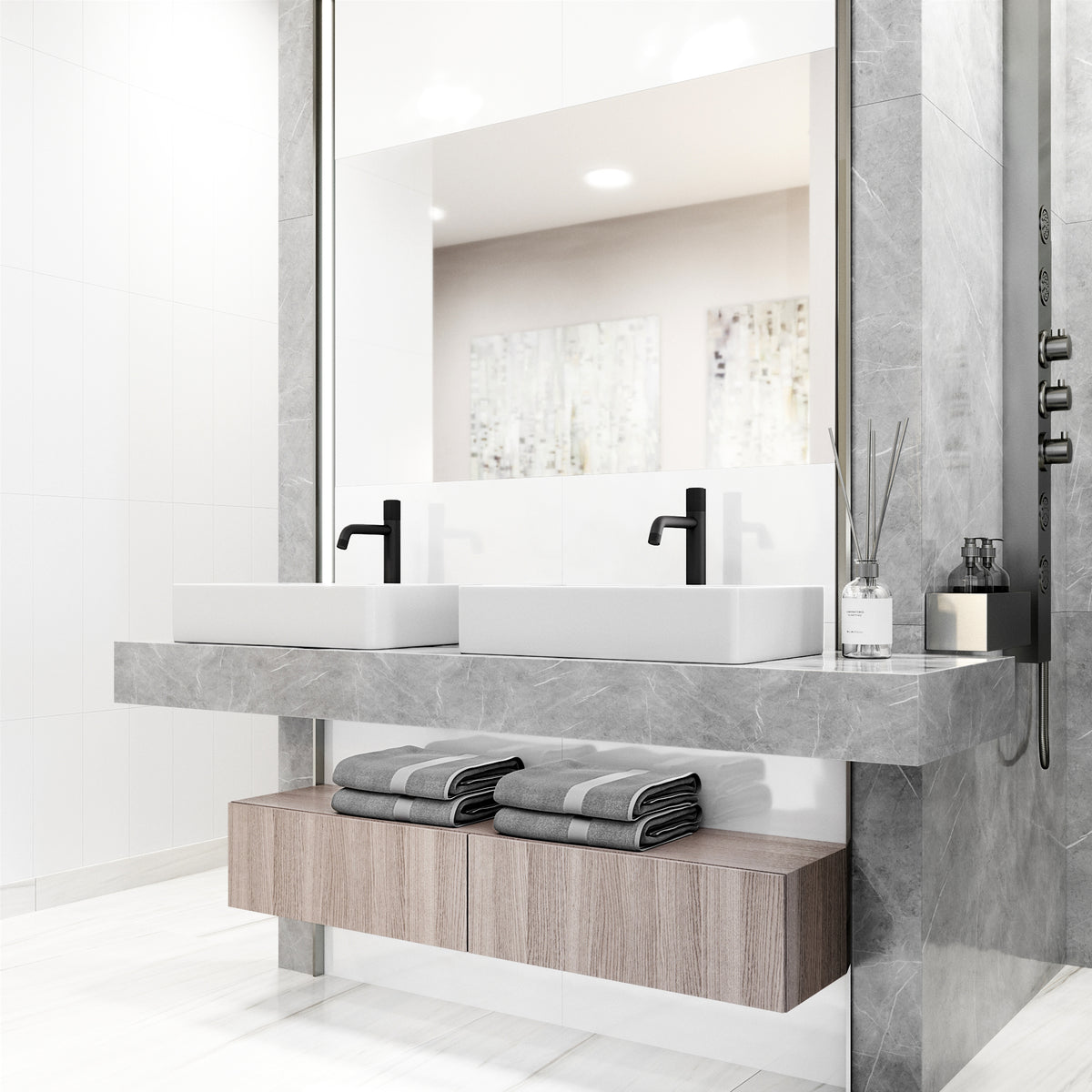 Matte Stone Magnolia Composite Rectangular Vessel Bathroom Sink in White with Faucet and Pop-Up Drain in Matte Black