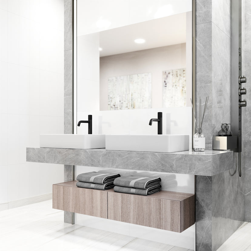 Matte Stone Magnolia Composite Rectangular Vessel Bathroom Sink in White with Faucet and Pop-Up Drain in Matte Black