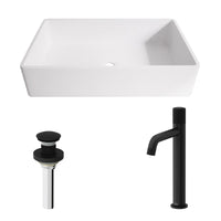 Matte Stone Magnolia Composite Rectangular Vessel Bathroom Sink in White with Faucet and Pop-Up Drain in Matte Black