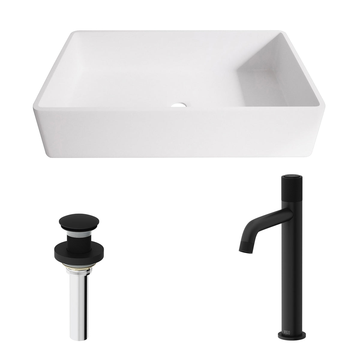 Matte Stone Magnolia Composite Rectangular Vessel Bathroom Sink in White with Faucet and Pop-Up Drain in Matte Black