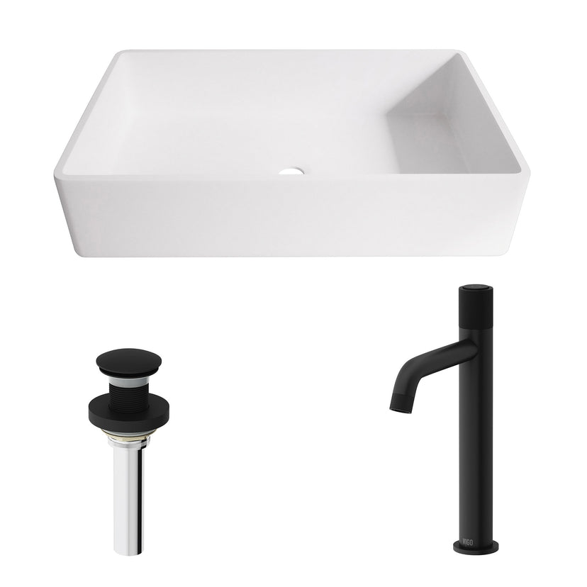 Matte Stone Magnolia Composite Rectangular Vessel Bathroom Sink in White with Faucet and Pop-Up Drain in Matte Black