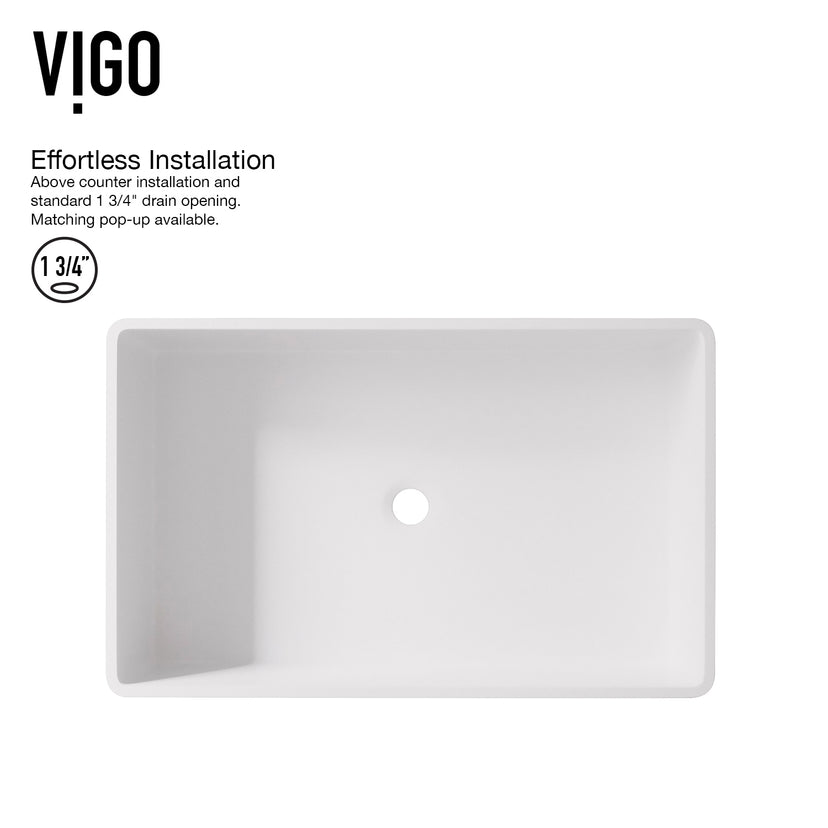 Matte Stone Magnolia Composite Rectangular Vessel Bathroom Sink in White with Faucet and Pop-Up Drain in Matte Black