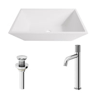 Matte Stone Vinca Composite Rectangular Vessel Bathroom Sink in White with Apollo Faucet and Pop-Up Drain in Chrome