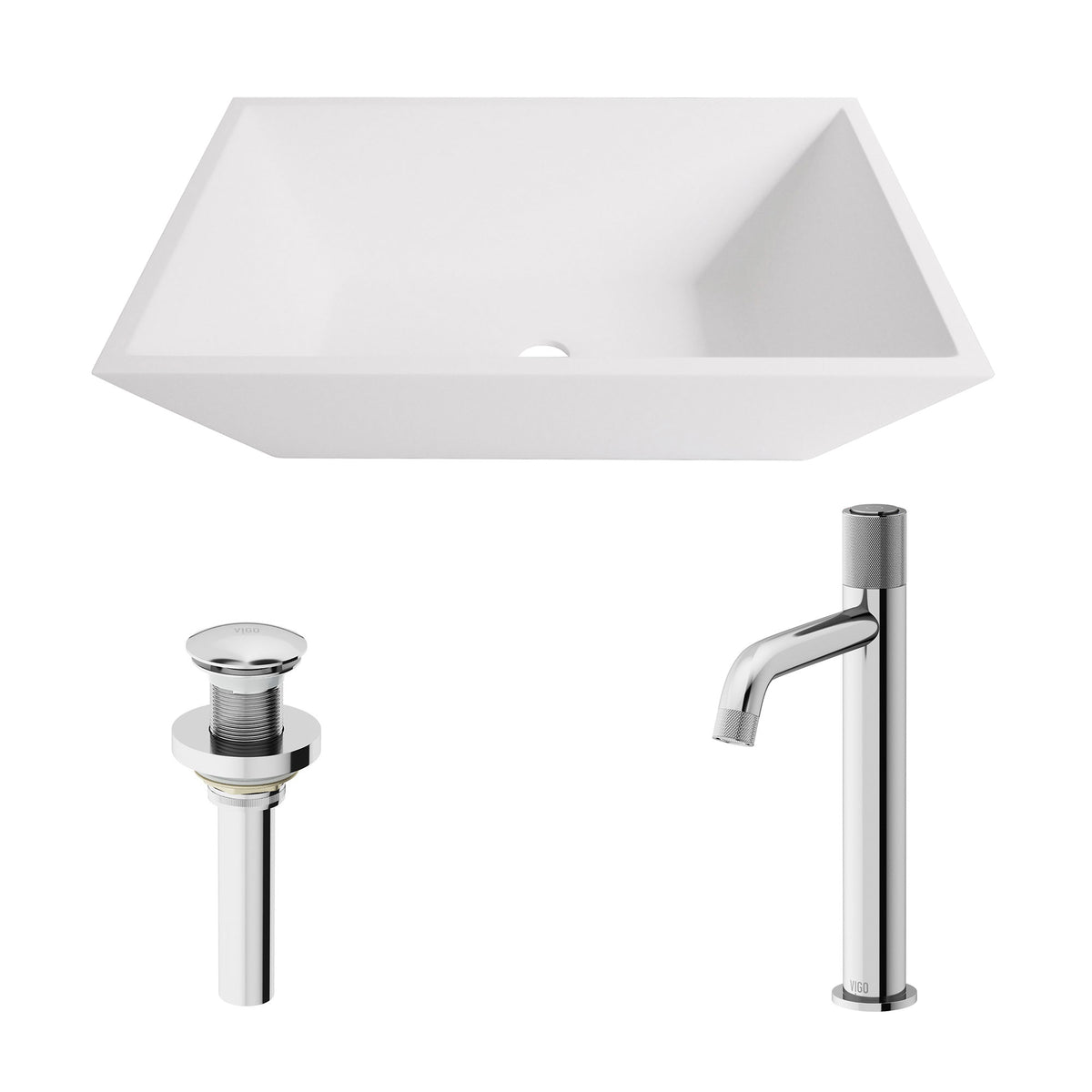 Matte Stone Vinca Composite Rectangular Vessel Bathroom Sink in White with Apollo Faucet and Pop-Up Drain in Chrome