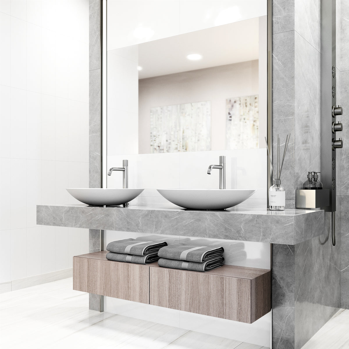 Matte Stone Wisteria Composite Oval Vessel Bathroom Sink in White with Apollo Faucet and Pop-Up Drain in Brushed Nickel