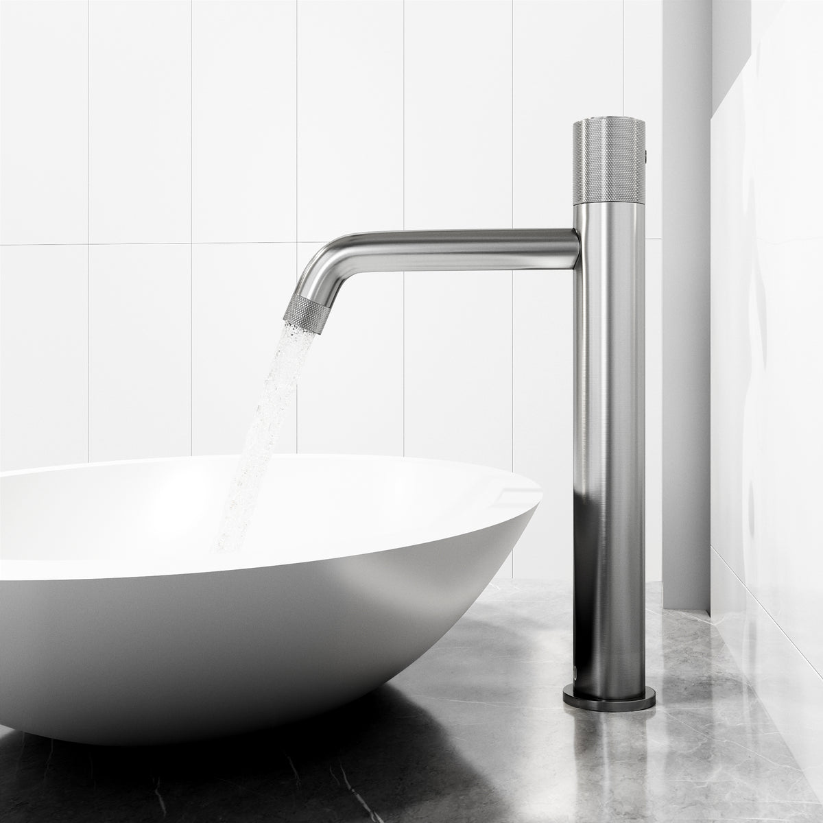 Matte Stone Wisteria Composite Oval Vessel Bathroom Sink in White with Apollo Faucet and Pop-Up Drain in Brushed Nickel