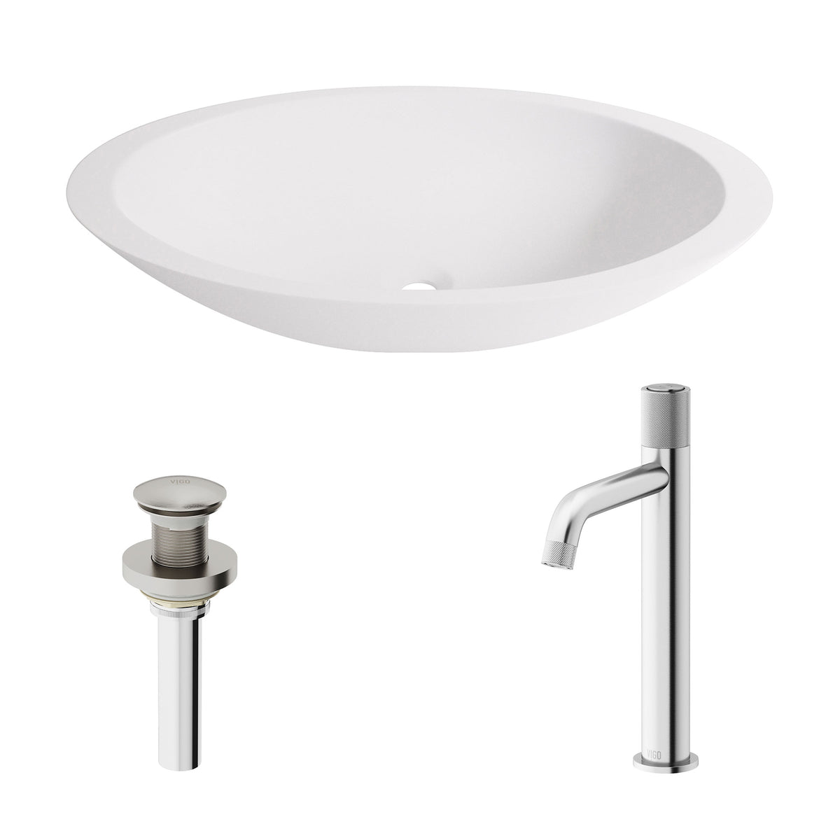 Matte Stone Wisteria Composite Oval Vessel Bathroom Sink in White with Apollo Faucet and Pop-Up Drain in Brushed Nickel