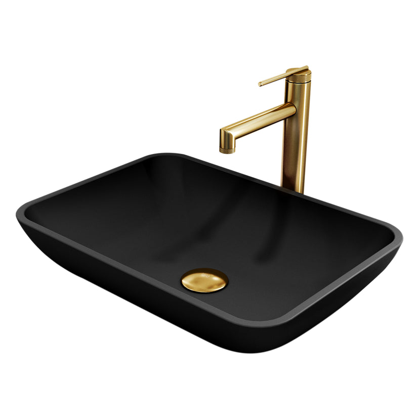 Matte Shell Sottile Glass Rectangular Vessel Bathroom Sink in Black with Sterling Faucet and Pop-Up Drain in Matte Gold