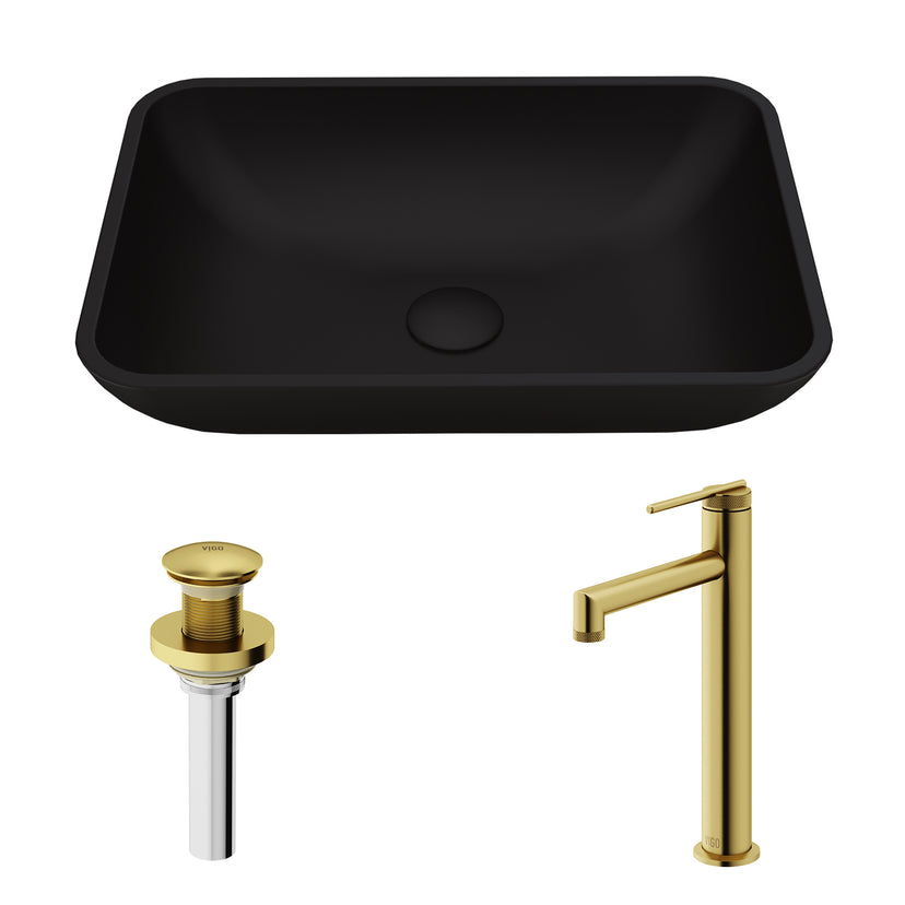 Matte Shell Sottile Glass Rectangular Vessel Bathroom Sink in Black with Sterling Faucet and Pop-Up Drain in Matte Gold