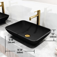 Matte Shell Sottile Glass Rectangular Vessel Bathroom Sink in Black with Sterling Faucet and Pop-Up Drain in Matte Gold