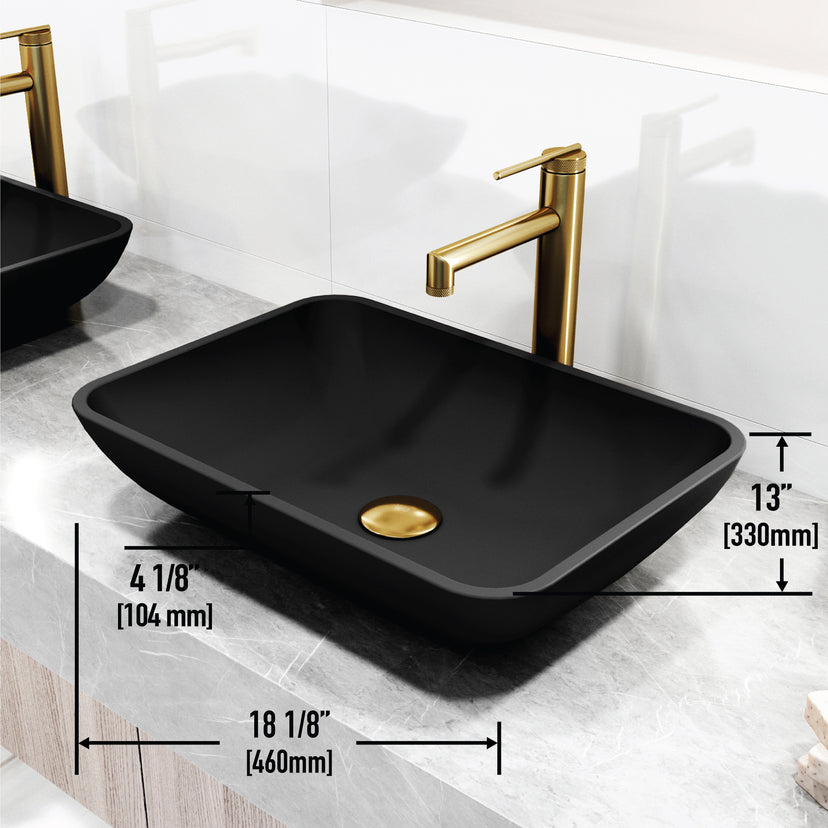 Matte Shell Sottile Glass Rectangular Vessel Bathroom Sink in Black with Sterling Faucet and Pop-Up Drain in Matte Gold