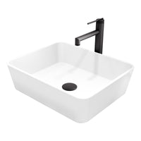 Matte Stone Marigold Composite Rectangular Vessel Bathroom Sink in White with Faucet and Pop-Up Drain in Matte Black