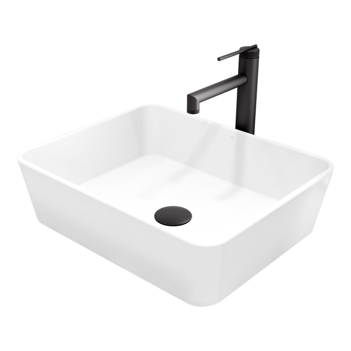 Matte Stone Marigold Composite Rectangular Vessel Bathroom Sink in White with Faucet and Pop-Up Drain in Matte Black