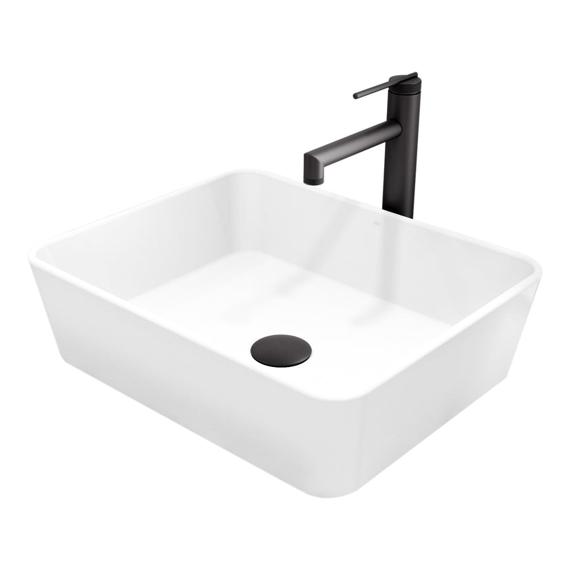 Matte Stone Marigold Composite Rectangular Vessel Bathroom Sink in White with Faucet and Pop-Up Drain in Matte Black