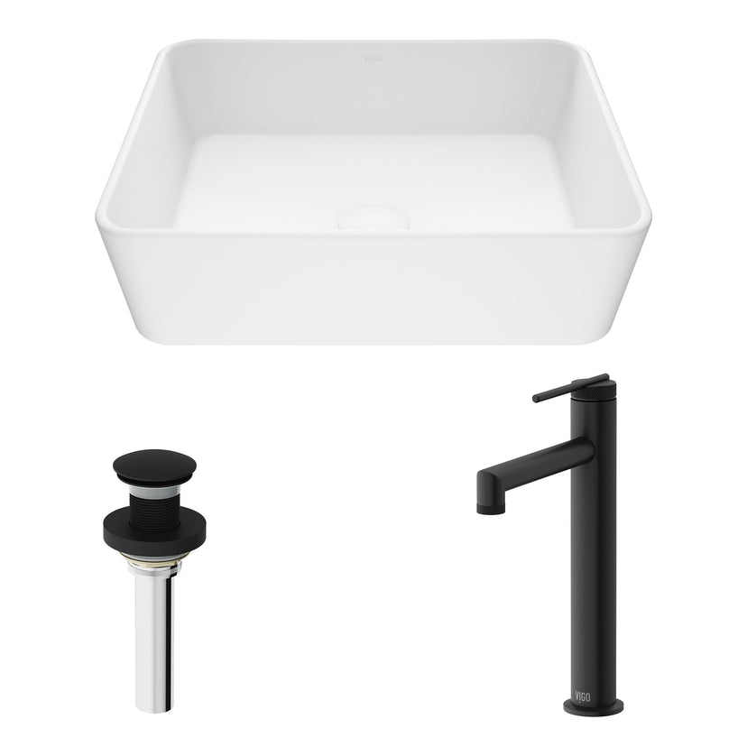 Matte Stone Marigold Composite Rectangular Vessel Bathroom Sink in White with Faucet and Pop-Up Drain in Matte Black