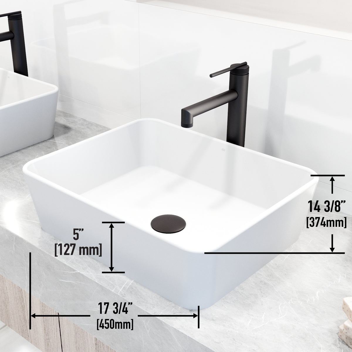 Matte Stone Marigold Composite Rectangular Vessel Bathroom Sink in White with Faucet and Pop-Up Drain in Matte Black
