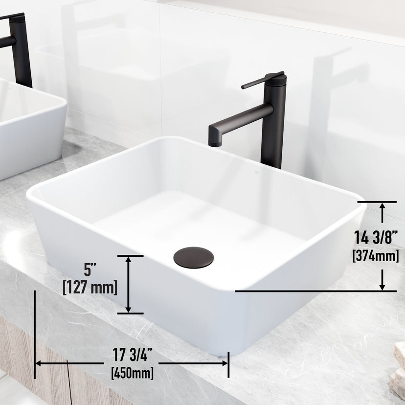 Matte Stone Marigold Composite Rectangular Vessel Bathroom Sink in White with Faucet and Pop-Up Drain in Matte Black
