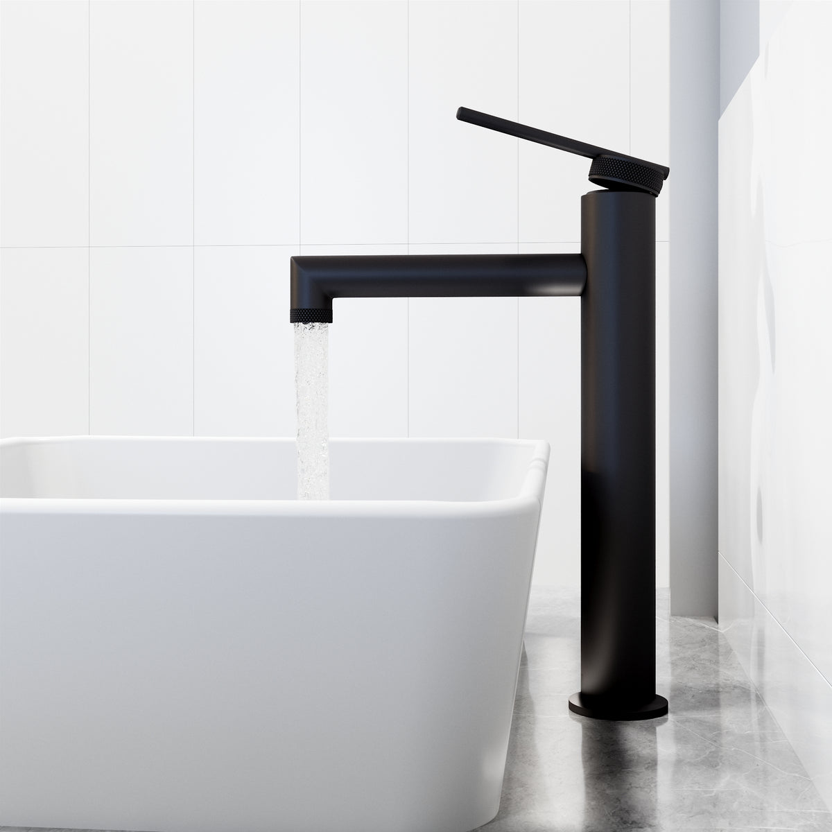Matte Stone Marigold Composite Rectangular Vessel Bathroom Sink in White with Faucet and Pop-Up Drain in Matte Black
