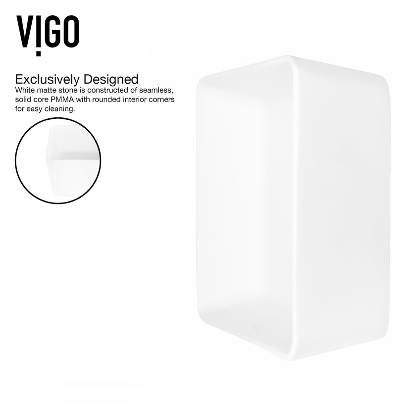 Matte Stone Marigold Composite Rectangular Vessel Bathroom Sink in White with Faucet and Pop-Up Drain in Matte Black