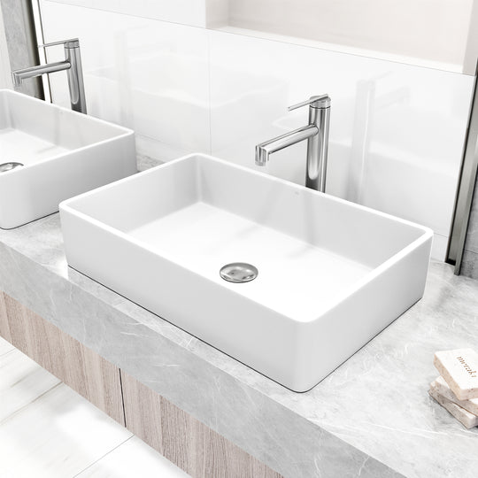 Matte Stone Magnolia Composite Rectangular Vessel Bathroom Sink in White with Sterling Faucet and Pop-Up Drain in Chrome