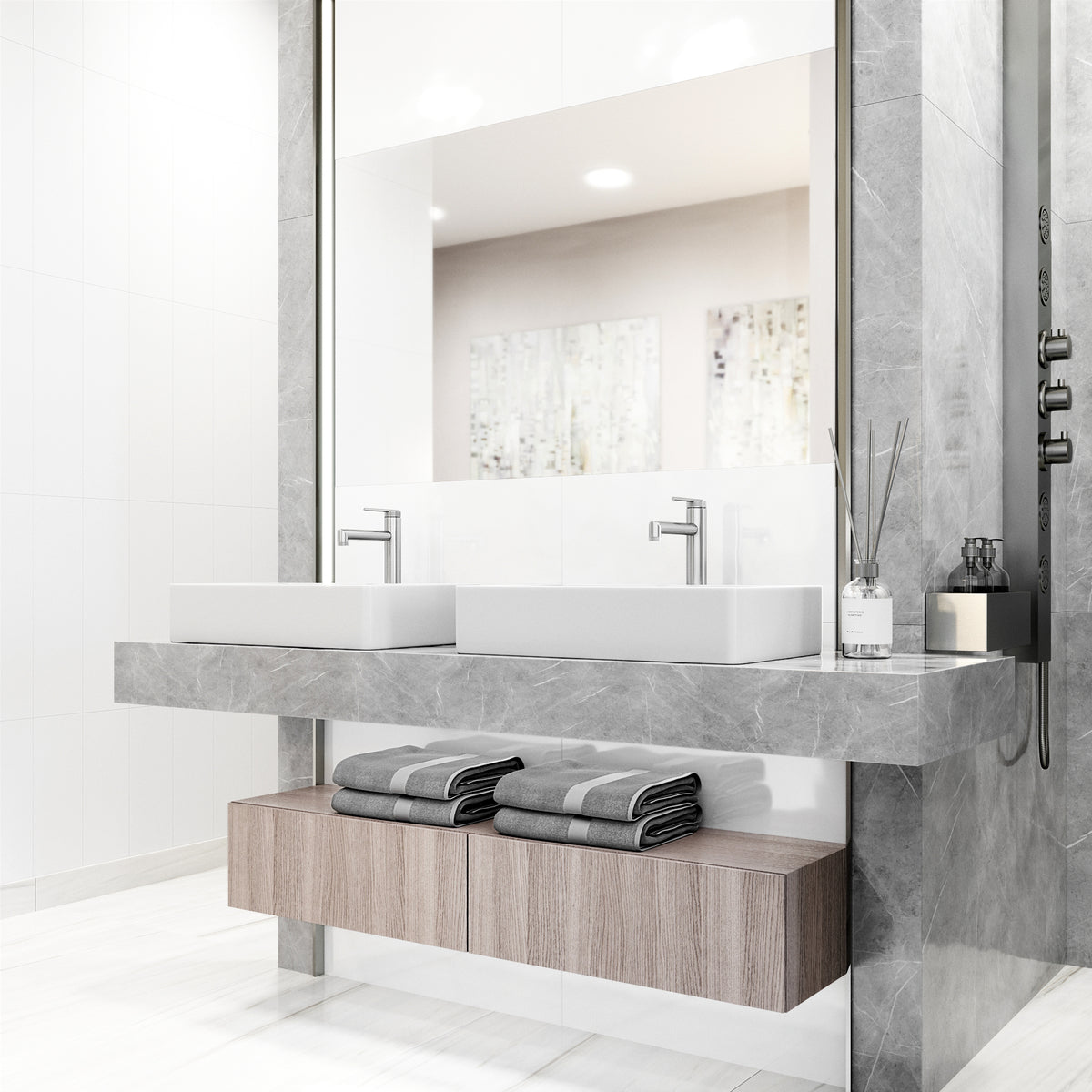 Matte Stone Magnolia Composite Rectangular Vessel Bathroom Sink in White with Sterling Faucet and Pop-Up Drain in Chrome