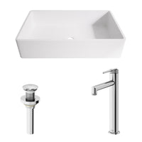 Matte Stone Magnolia Composite Rectangular Vessel Bathroom Sink in White with Sterling Faucet and Pop-Up Drain in Chrome