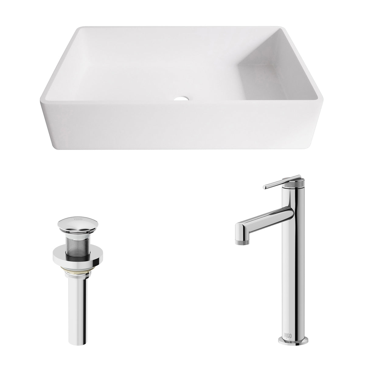 Matte Stone Magnolia Composite Rectangular Vessel Bathroom Sink in White with Sterling Faucet and Pop-Up Drain in Chrome