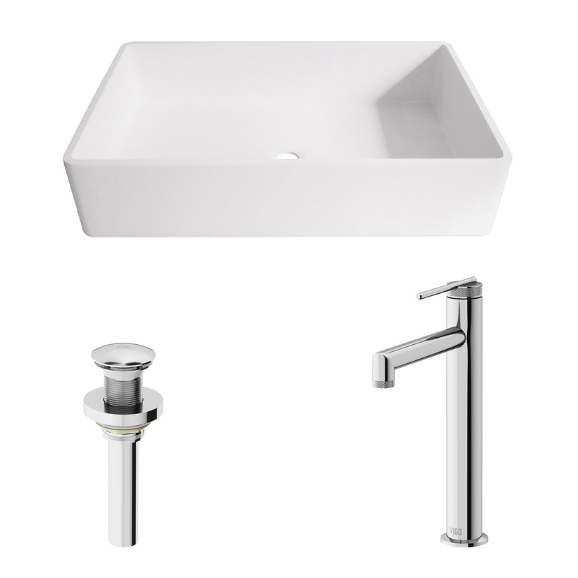 Matte Stone Magnolia Composite Rectangular Vessel Bathroom Sink in White with Sterling Faucet and Pop-Up Drain in Chrome